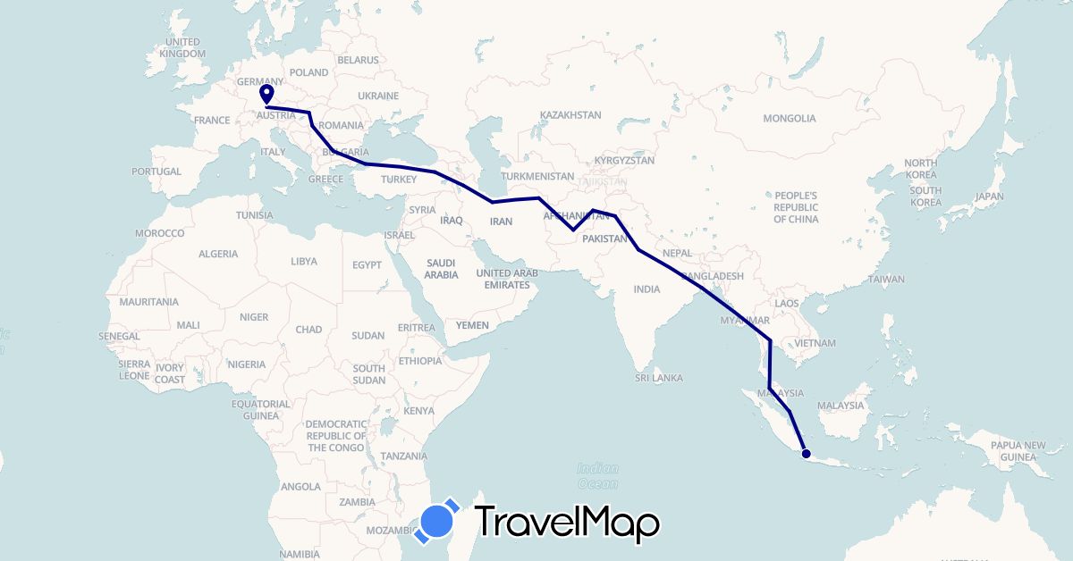 TravelMap itinerary: driving in Afghanistan, Bulgaria, Germany, Hungary, Indonesia, India, Iran, Malaysia, Pakistan, Serbia, Singapore, Thailand, Turkey (Asia, Europe)